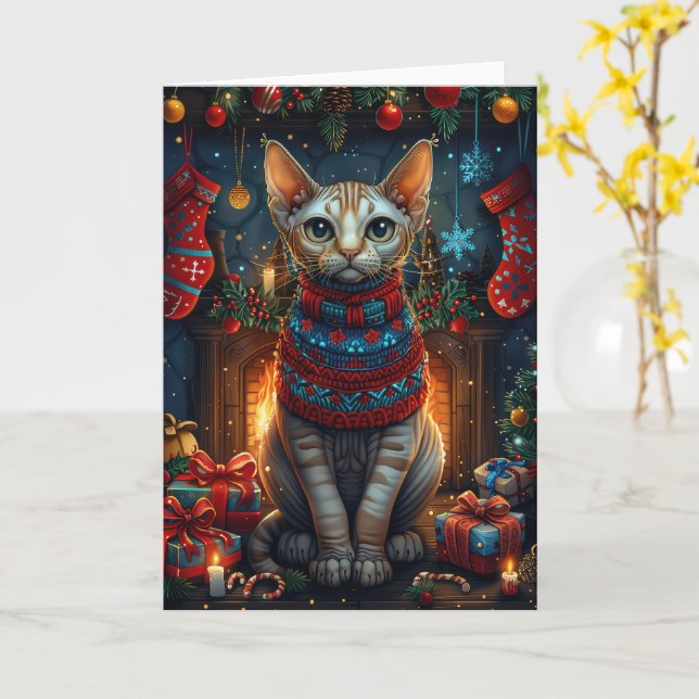 Carte Chat Sphynx au coin du feu avec des cadeaux de Noë (Fleur jaune)