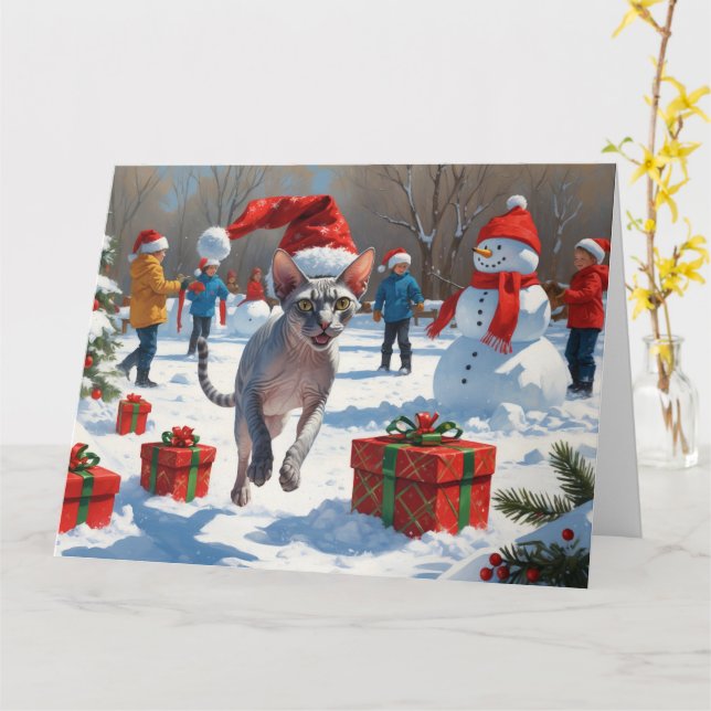 Carte Chat Sphynx coule dans la neige avec Casquette de  (Fleur jaune)