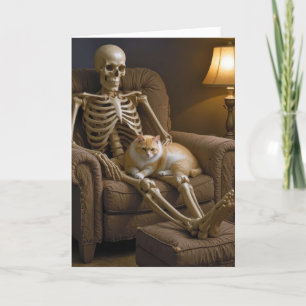 Carte Chat sur un squelette d'Halloween