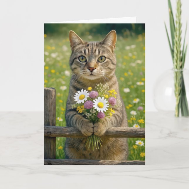 Carte Chat Tabby Anniversaire Avec Bouquet Fleur sauvage (Devant)