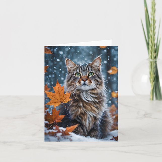 Carte Chat tabby gris beau Automne Feuilles Blank  (Devant)