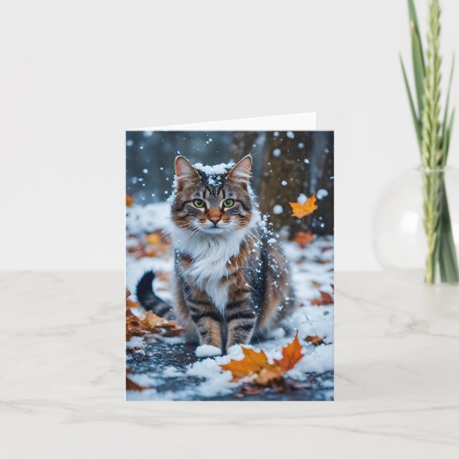 Carte Chat tabby gris beau Automne Feuilles Vide  (Devant)