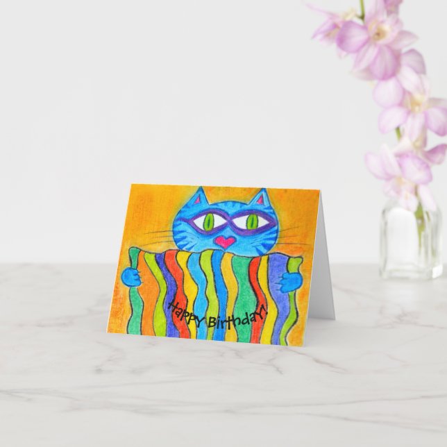 Carte Chat tenant une couverture arc-en-ciel (Orchidée)