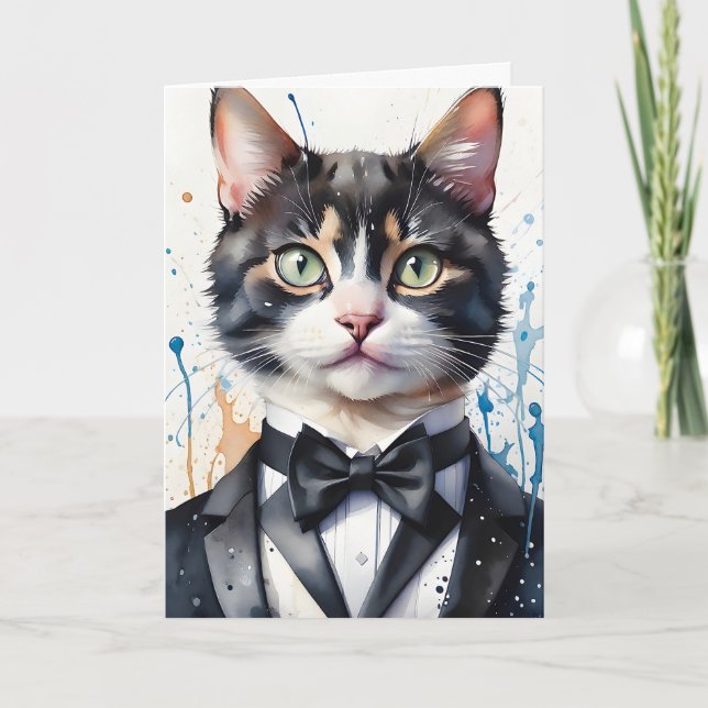 Carte Chat tigré à l'aquarelle en gilet de smoking crava (Devant)