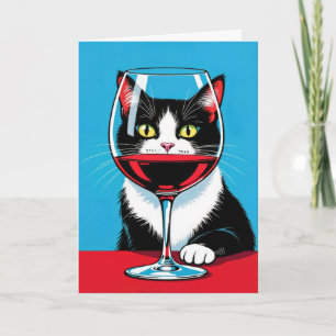 Carte Chat Tuxedo Anniversaire à travers le verre de vin