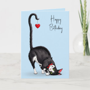 Carte Chat Tuxedo Anniversaire Avec Cœur Rouge Suspendu 