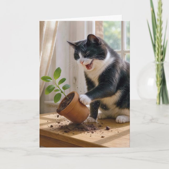 Carte Chat Tuxedo Anniversaire qui frappe sur un Plante (Devant)