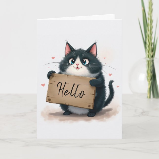 Carte Chat Tuxedo Avec Symbole Hello (Devant)