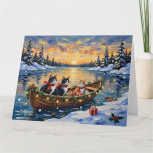 Carte Chat Tuxedo Noël Bateau Fêtes