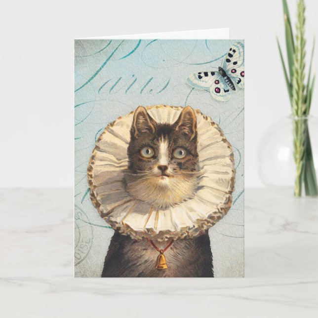 Carte Chat vintage avec collier et papillons (Devant)