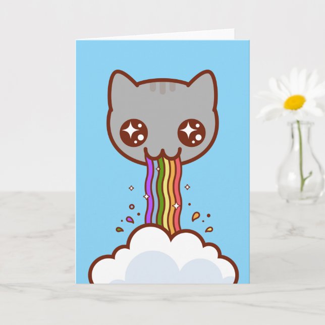 CARTE CHAT VOMIT ARC-EN-CIEL - Drôle Carte de Chat (Petite plante)