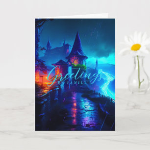 Carte Château Cyberpunk de Fantaisie Néon Magique Nuit
