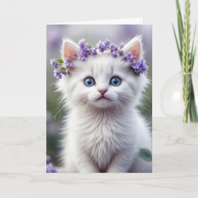 Carte Chaton Blanc Anniversaire Avec Lilac Laurel (Devant)