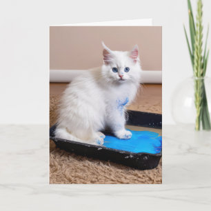 Carte Chaton blanc en bac à peinture pour l'anniversaire