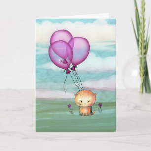Carte Chaton d'anniversaire avec ballons violets