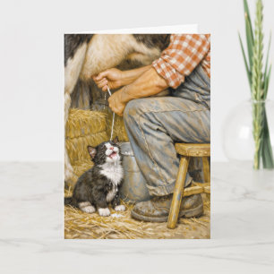 Carte Chaton d'anniversaire buvant du lait de vache