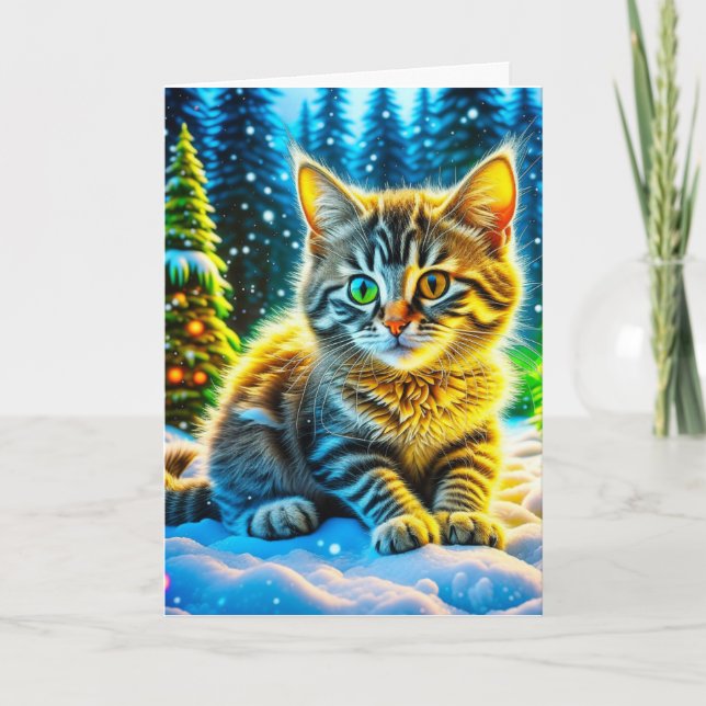 Carte Chaton de Noël Jouer dans la neige (Devant)