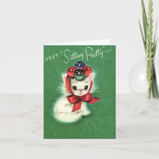 Carte Chaton de Noël "Sitting Pretty" vintage (Devant)