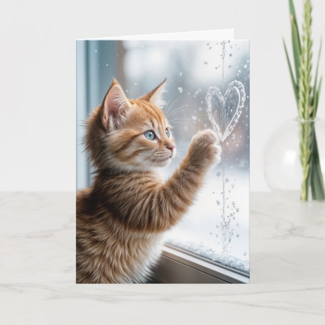 Carte Chaton Orange Avec Un Coeur De Fenêtre Froide (Devant)
