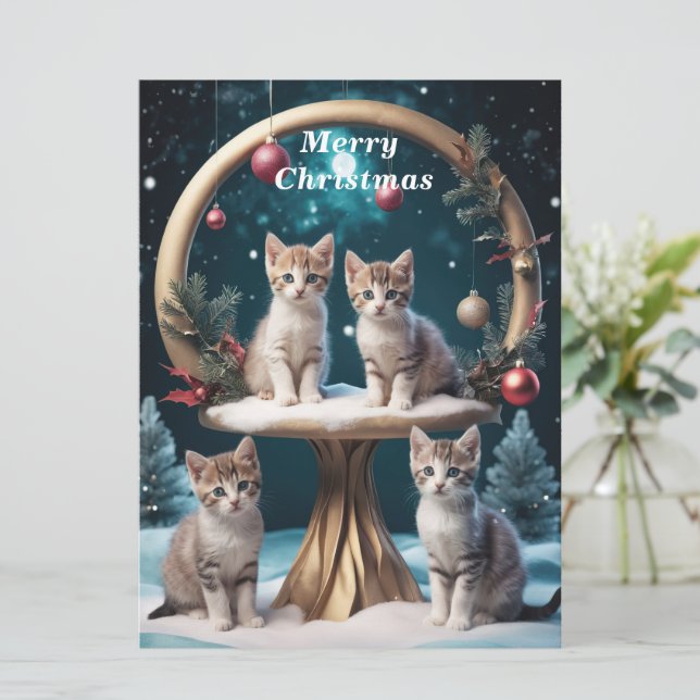 Carte Chatons de Noël Whimsical sur socle Or (Debout devant)