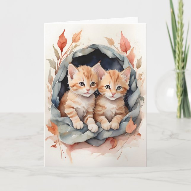 Carte Chatons tabby aquarelle Fleurs Meilleurs amis Fond (Devant)