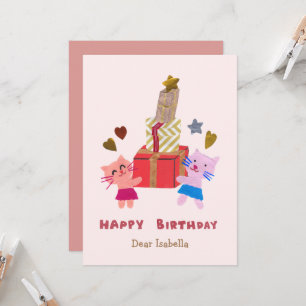 Carte Chats adorables tenant des cadeaux Rose Joyeux ann