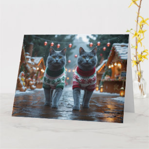 Carte Chats Bleus Russes Noël Neige Fêtes 