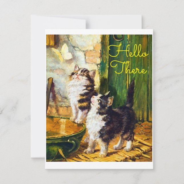 Carte Chats Curieux Vintage Papillon Bonjour (Devant)