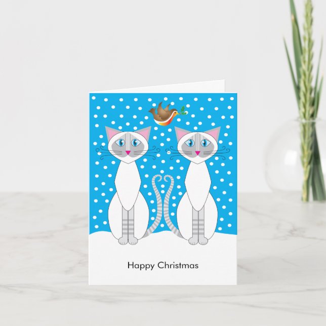 Carte : Chats de Noël enneigés et ami rouge (Devant)