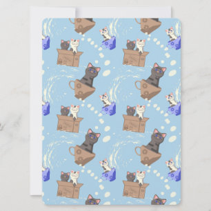 Carte Chats en boîte et gouttes de lait sur bleu