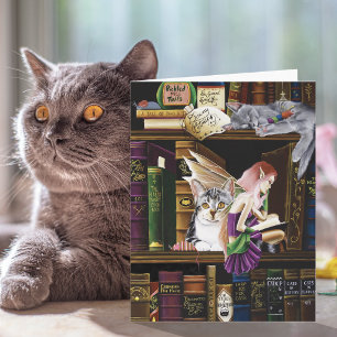 Carte Chats Magiques de Fées Bibliothèque Enchantée de L