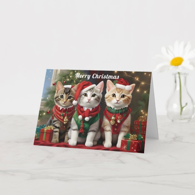 Carte Chats mignons avec chapeaux de Père Noël Fantaisie (Petite plante)