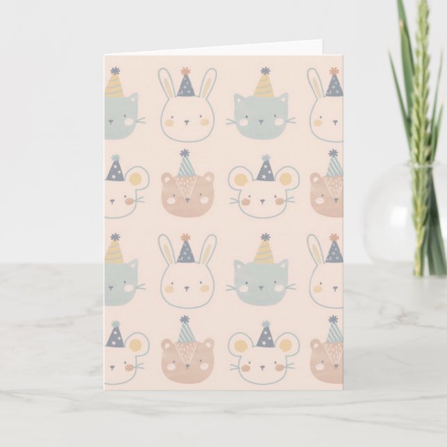 Carte Chats Mignons Lapins et Ours Visages Motif Pastel (Devant)