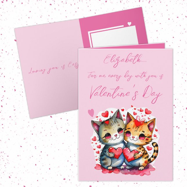 Carte Chats mignons nom personnalisé Saint Valentin rose (Créateur téléchargé)