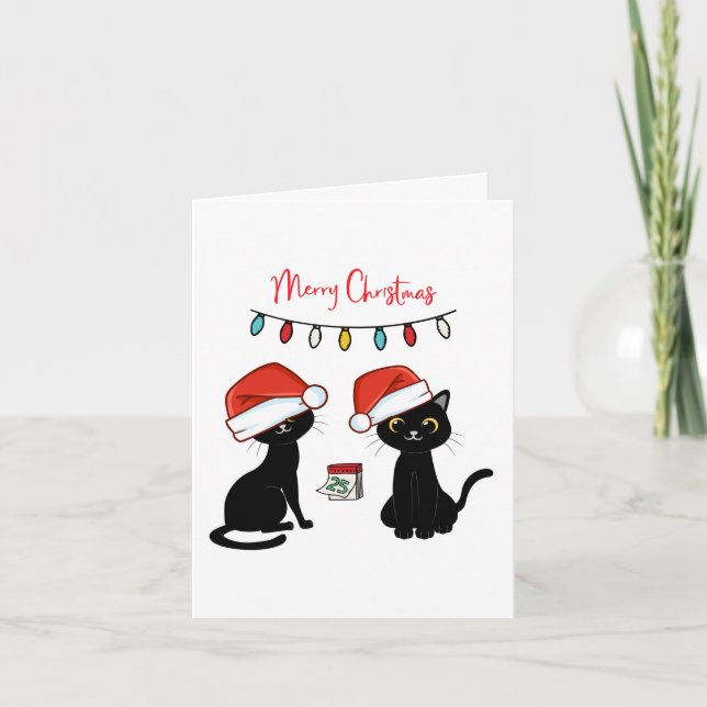 Carte Chats noirs à Santa Hats Joyeux Noël (Devant)