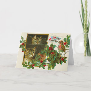 Carte Chats vintages de 1911 avec oiseaux Joyeux Noël