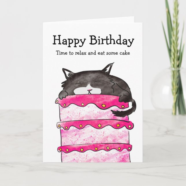 Carte Chatte endormie avec gâteau d'anniversaire (Devant)