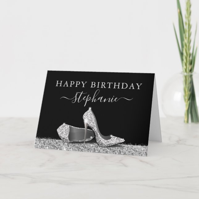 Carte Chaussures à talon élevé Noir Argent Joyeux Annive (Devant)