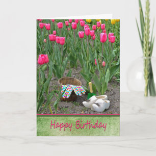 Carte Chaussures en bois avec tulipes d'anniversaire