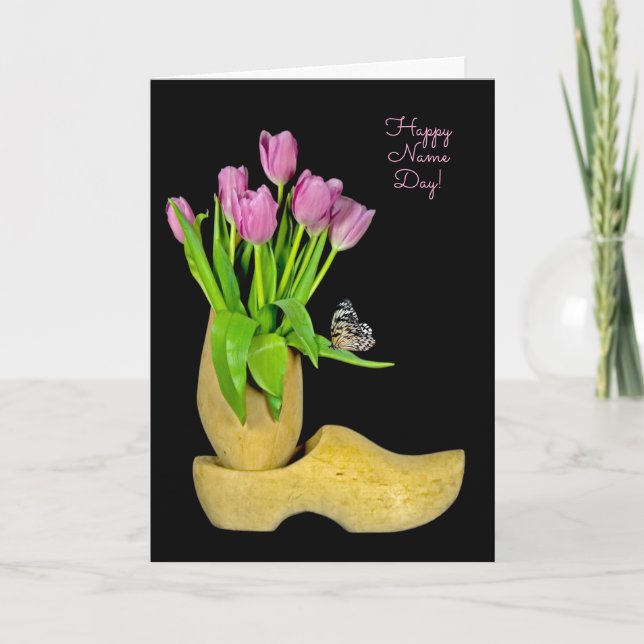 Carte Chaussures et tulipes en bois néerlandais Nom Jour (Devant)