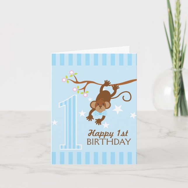 Carte Cheeky Monkey Blue Stripes Joyeux 1er anniversaire (Devant)