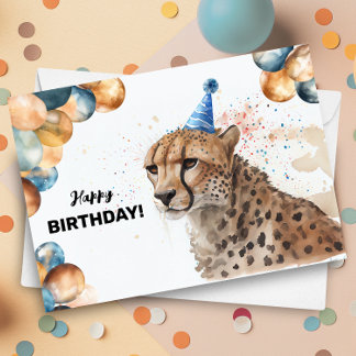 Carte Cheetah avec ballons et Casquette de fête Joyeux a