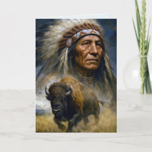 Carte Chef amérindien d'anniversaire avec un buffle