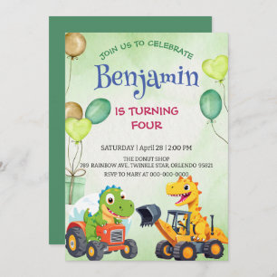 Carte Cher dinosaure de construction ballon de camion de