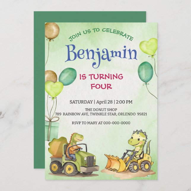 Carte Cher dinosaure de construction ballon de camion de (Devant / Derrière)