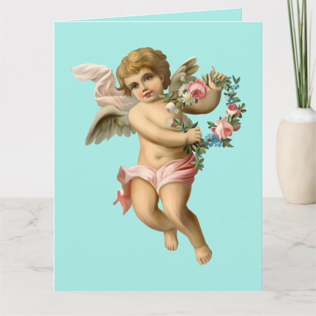 Carte Cherub bébé vintage avec fleurs (Devant)