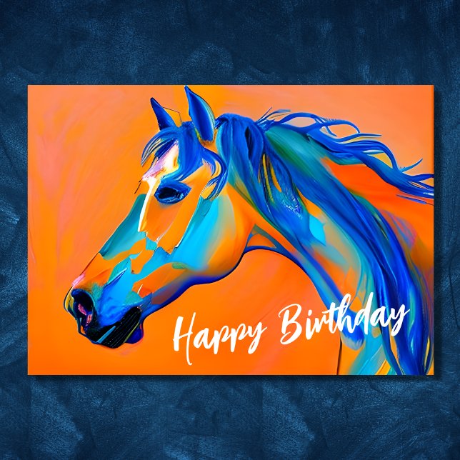 Carte Cheval Abstrait bleu et orange Joyeux anniversaire (Blue and Orange Abstract Horse Happy Birthday Card)