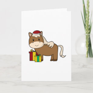 Carte Cheval avec chapeau de Père Noël & Cadeaux