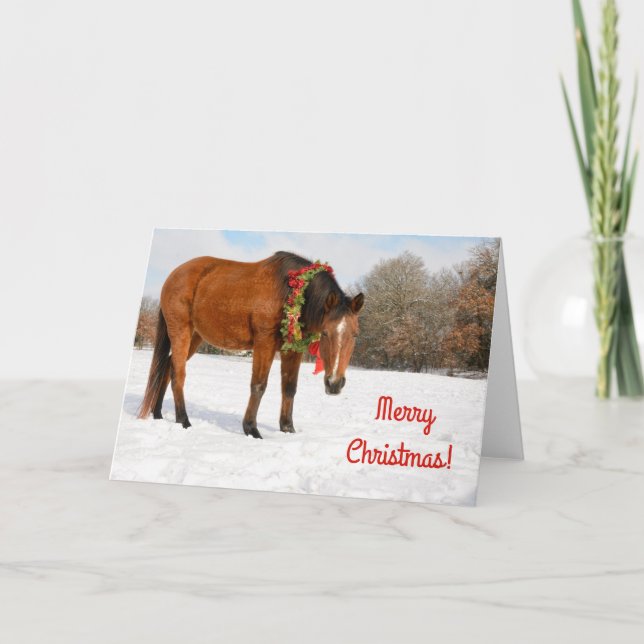 Carte Cheval bai avec couronne de Noël (Devant)