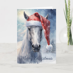 Carte Cheval blanc de Noël avec chapeau de Père Noël Aqu